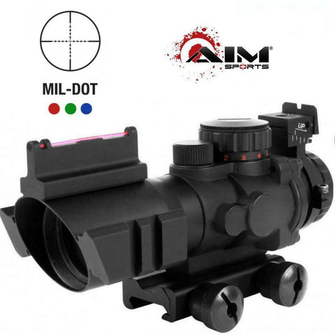 AIM Sports Tactical Railed 4x32 ACOG Style Scope, Blue/Green/Red Mil-Dot Reticle, Fiber Optic Backup Sights