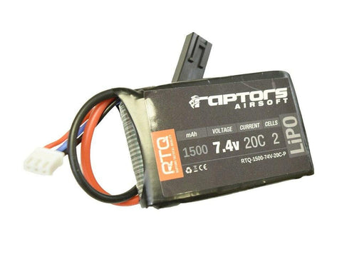 Raptors Airsoft RTQ 7.4V 1500 mAh 20C LiPO Battery for PEQ/AN-15 Box - Airsoft Nation